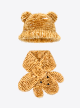 日系可爱小熊耳朵毛绒绒渔夫帽子女秋冬季保暖护脖防寒卡通围脖潮