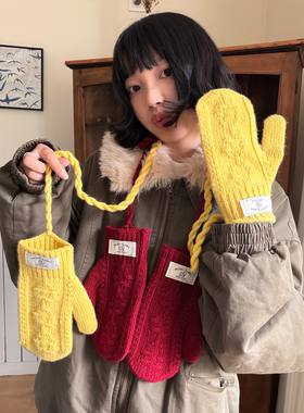 韩系多巴胺麻花针织包指手套女2025冬季新款挂脖连指手套可触屏潮