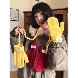 韩系多巴胺麻花针织包指手套女2025冬季新款挂脖连指手套可触屏潮