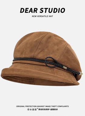 日系复古麂皮绒渔夫帽子女秋冬加厚保暖大头围优雅蝴蝶结系带盆帽