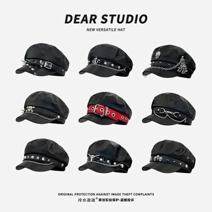 英伦复古朋克铆钉PU皮质八角帽子女秋冬季 小众Y2K辣妹风贝雷帽潮