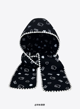 韩版可爱猫咪爱心印花帽子围巾一体两件套女冬季加厚保暖外搭围脖