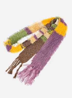 多材质拼接条纹针织流苏围巾女秋冬季保暖百搭时髦复古毛绒围脖潮