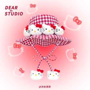 日系甜美可爱kitty红格子绑带渔夫帽子女夏季y2k出游遮阳防晒帽潮