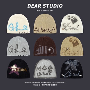 亚比风涂鸦针织帽子女秋冬季防寒保暖大头围显脸小毛线帽情侣冷帽