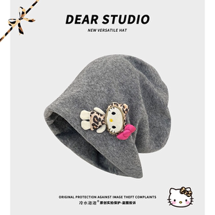 百搭大头围显脸小堆堆帽 新款 可爱kitty猫包头帽冷帽子女 2025夏季