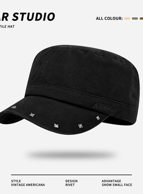 美式复古街头铆钉黑色平顶帽子女春秋季新款小众百搭显脸小鸭舌帽