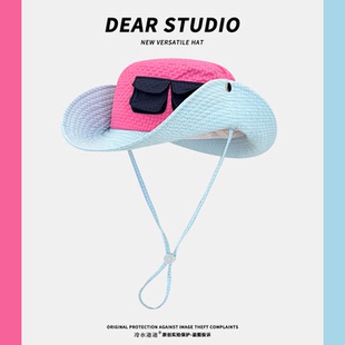 复古拼色泡泡纱渔夫帽子女春夏季 户外徒步遮阳防晒帽显脸小登山帽