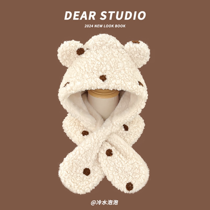 日系可爱小熊羊羔绒雷锋帽女秋冬加厚保暖护耳帽子围巾一体两件套