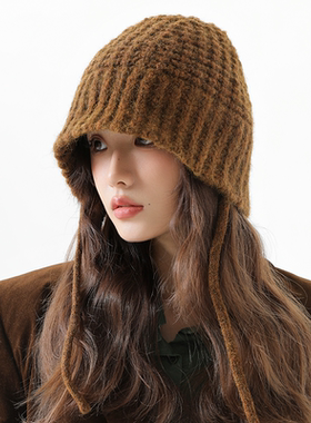 美拉德风辫子毛线针织帽子女秋冬季保暖百搭护耳显脸小棕色渔夫帽