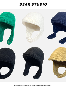 韩版纯色复古手工编织飞行帽子女冬季学生保暖百搭护耳雷锋帽男潮