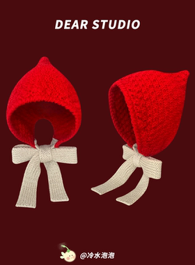 韩版手工针织系带红色包头帽子女秋冬季保暖百搭毛线帽骑车护耳帽