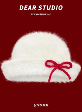 红色蝴蝶结毛绒渔夫帽子女秋冬季保暖新年圣诞礼物甜美小香风礼帽