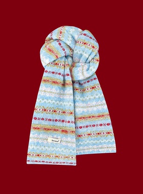 费尔岛风韩系高级感提花围脖女秋冬季新款保暖百搭情侣针织围巾潮