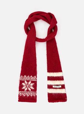 复古费尔岛风针织雪花小围巾女秋冬季窄款显白搭配酒红色保暖围脖