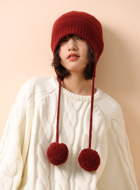 日系纯羊毛针织毛球帽子女秋冬季系带护耳帽保暖防寒百搭毛线帽潮