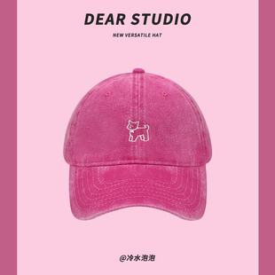 韩版 遮阳显脸小鸭舌帽潮 ins玫红色可爱猫咪刺绣棒球帽子女春夏季