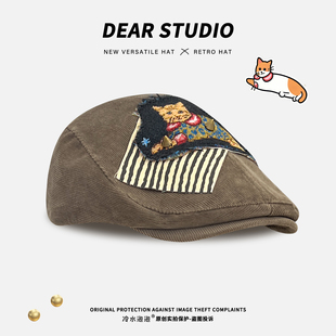 复古铆钉小猫刺绣鸭舌前进帽女春秋千禧辣妹灯芯绒贴布贝雷帽子潮