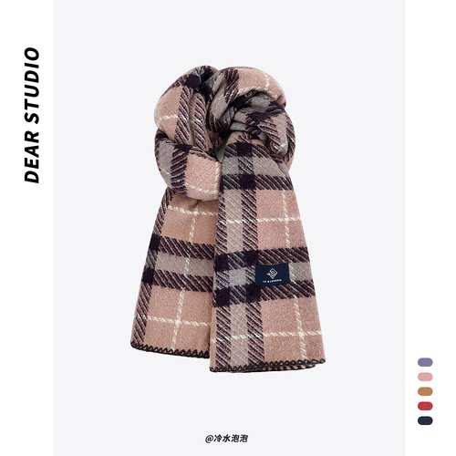 秋冬格纹复古男女缝边围脖保暖