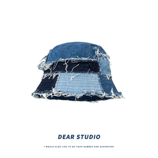 日系小众牛仔拼接乞丐风毛边渔夫帽子女街头时尚潮牌百搭水桶帽男