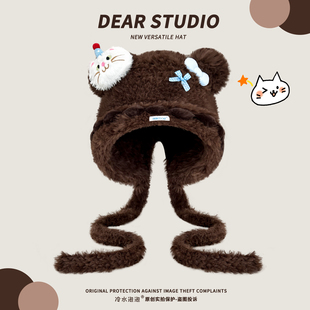 可爱百搭小猫毛绒帽子女冬季保暖防寒大头围雷锋帽蝴蝶结护耳帽子