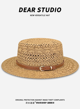 英伦风复古平顶草帽子女夏季扣款遮阳防晒帽海边度假草编太阳帽潮