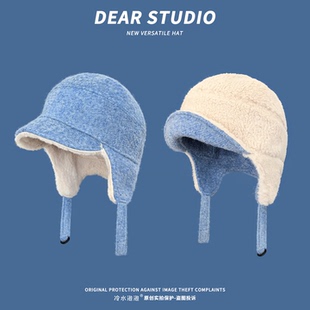 韩系冰岛蓝色含羊毛双面戴雷锋帽子女冬季加绒加厚滑雪保暖护耳帽