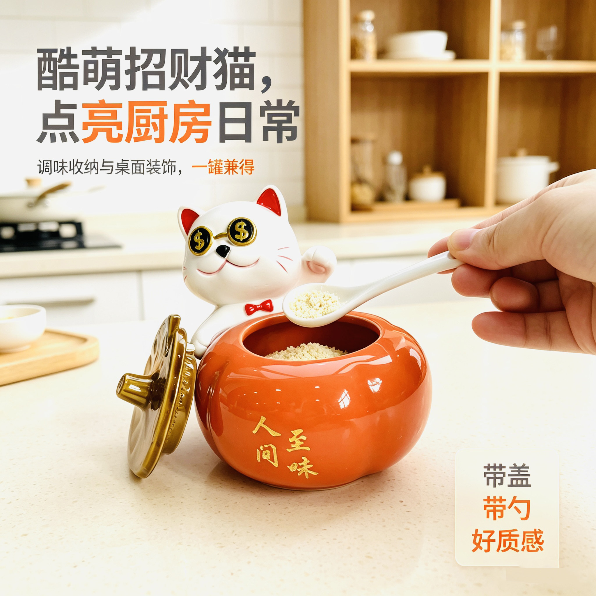 招财猫柿子陶瓷调味罐带盖带勺
