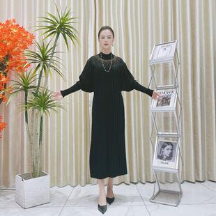 A122黑色百褶锆钻设计款 复古 气质秋冬轻奢针织连衣裙时尚
