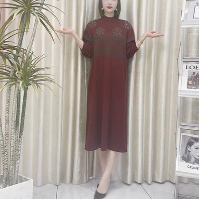 波尔多红烫钻款复古宽松气质时尚秋冬季新品针织喜庆连衣裙
