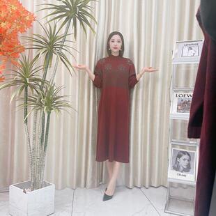 A098波尔多红烫钻款 复古宽松气质秋冬针织连衣裙