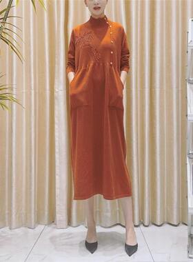 玥玥羊A189橙色设计元素款气质秋冬轻奢针织连衣裙时尚复古