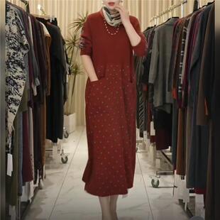 玥玥羊A044胭脂红提花带丝巾设计款 复古 气质冬轻奢针织连衣裙时尚