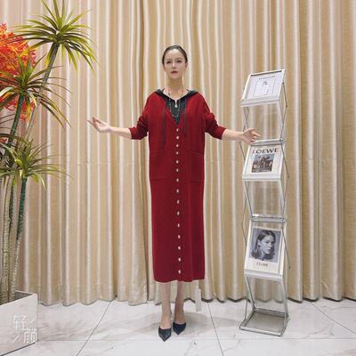 A153灰红真门襟假两件复古气质秋冬针织连衣裙