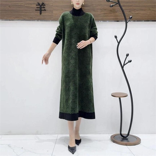 玥玥羊A356黑绿色时尚 轻奢针织连衣裙休闲百搭气质长裙 秋冬长款