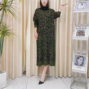玥玥羊A273绿色豹纹设计款 复古 气质秋冬轻奢针织连衣裙时尚