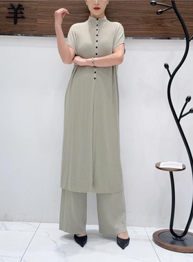 A521米色设计师中长款提花轻奢针织气质两件套