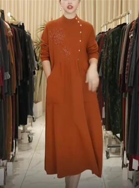 玥玥羊A189橙色设计元素款气质秋冬轻奢针织连衣裙时尚复古