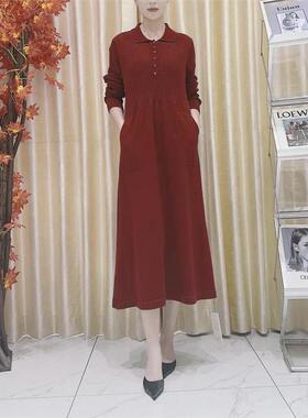 A027年红色纯色设计款气质秋冬轻奢针织连衣裙时尚复古