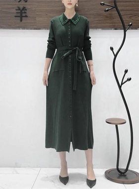A370绿色锆钻腰带设计款气质秋冬轻奢针织连衣裙时尚复古