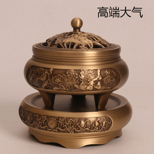 日式 纯铜家用香薰炉室内盘香檀香熏全黄铜香炉套装 熏香客厅莲花炉