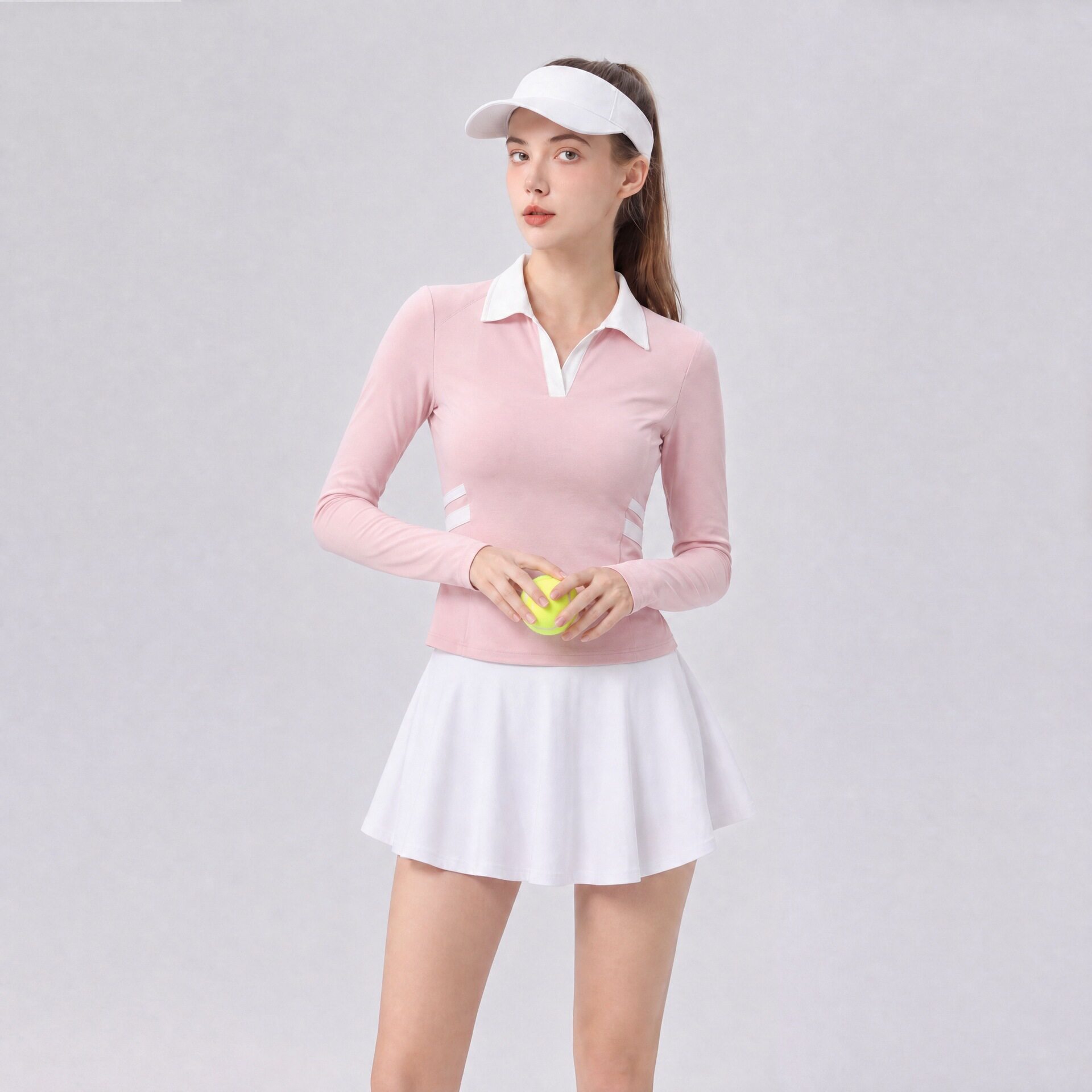 秋冬新款Polo长袖网球上衣女撞色修身速干运动T恤户外健身训练服
