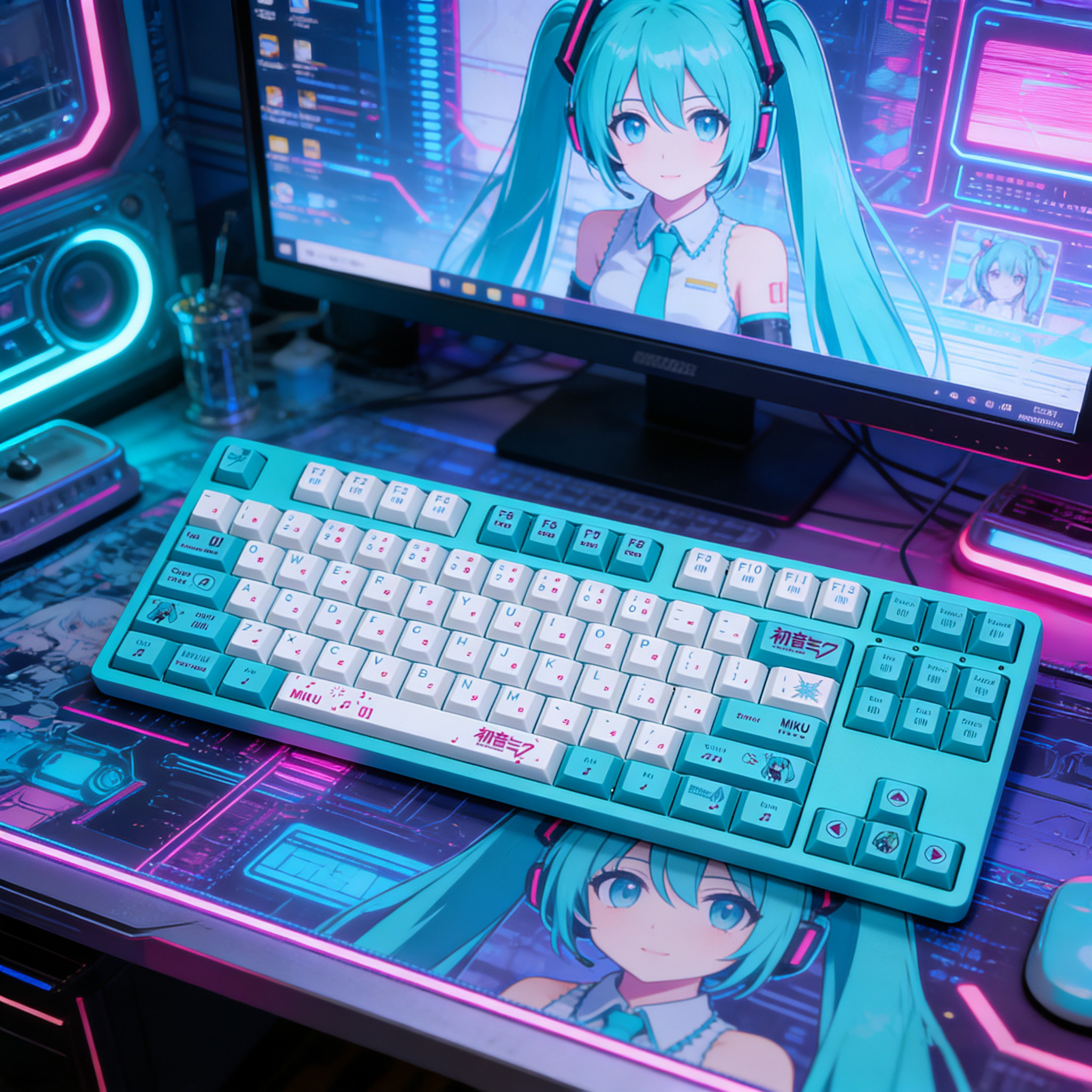 初音未来二次元热插拔游戏可爱笔记本无线有线三模87键机械键盘