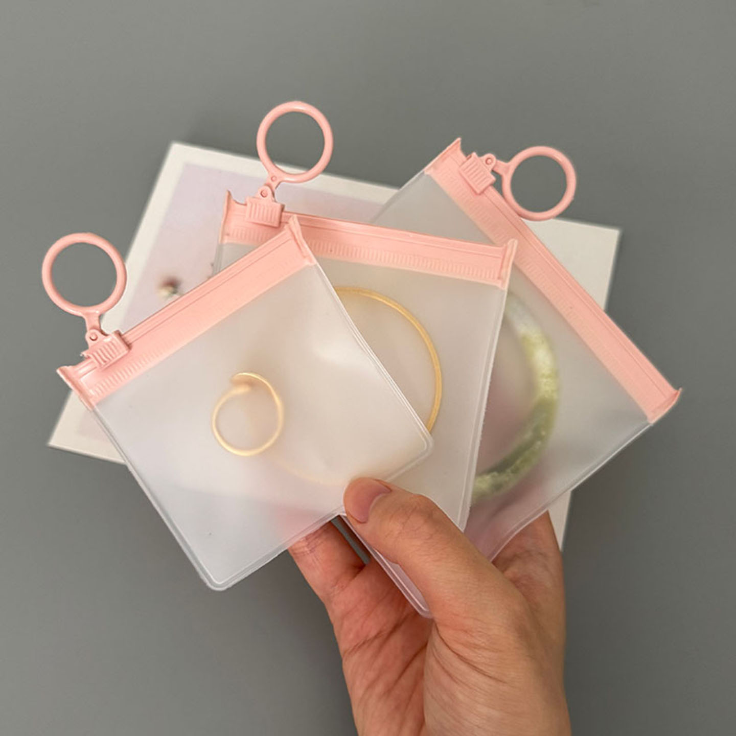 透明+磨砂首饰包女2025新便携式圆圈拉环袋粉色加厚耳环手镯收纳