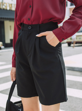 港风复古五分裤西裤女直筒高腰显瘦百搭黑色休闲工装短裤女宽松