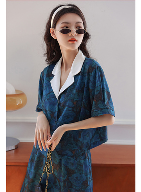 港风复古chic套装女油画花衬衫女设计感小众短袖衬衣短裙两件套