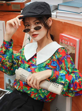 vintage古着油画复古花衬衫雪纺长袖衬衣女春秋季设计感小众上衣