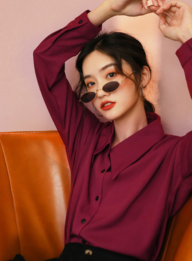 雪纺衬衫女春秋长袖复古法式小众上衣轻熟宽松百搭红色衬衣女港风