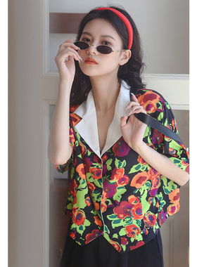 高级感雪纺夏季上衣港味Vintage花衬衫女短袖复古港风宽松衬衣