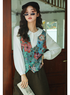 vintage古着油画花朵春秋复古西装马甲女设计感马夹无袖西服背心